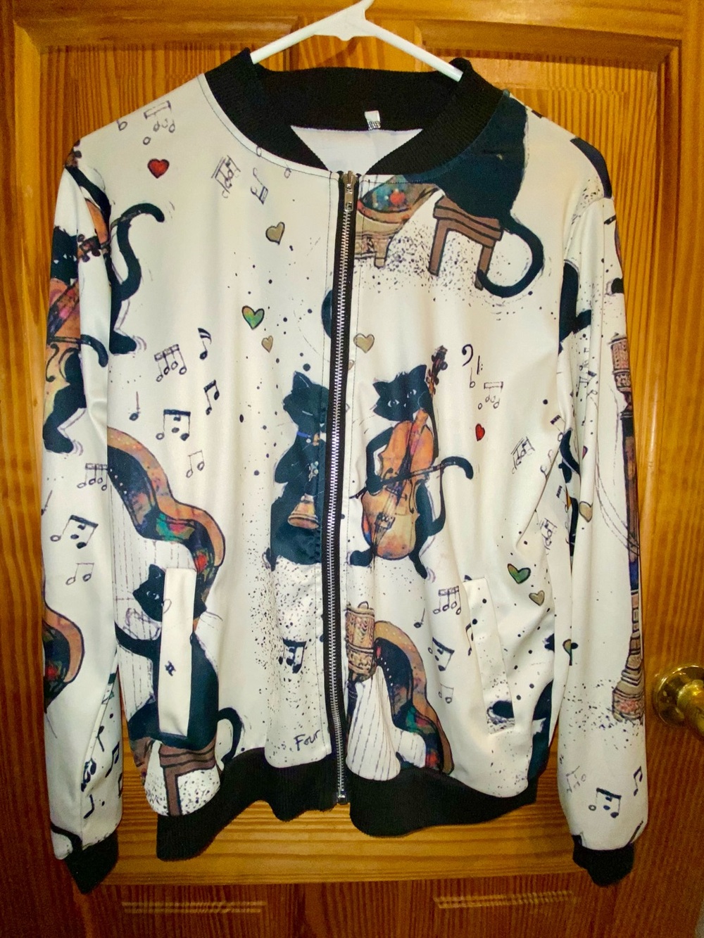 Light Weight Bomber Jacket White & Black with Black Cats playing Violen MEDIUM - Picture 1 of 3